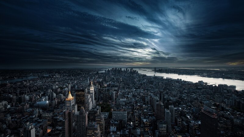 Aerial view of city at dusk
