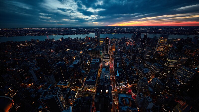 Aerial View of City at Dusk — Blue, Dramatic