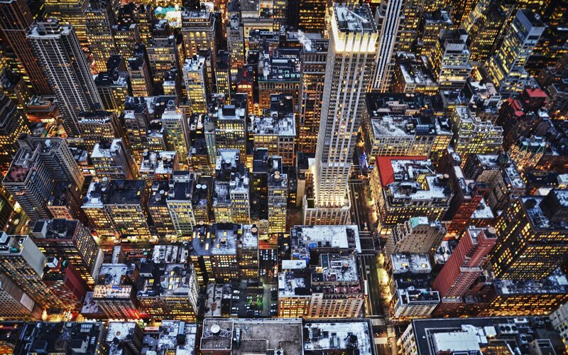 aerial view of city at night
