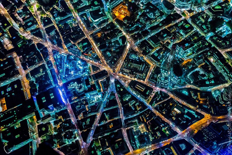 Aerial View of City at Night — Blue, Dramatic, Photograph, Buildings, Streets