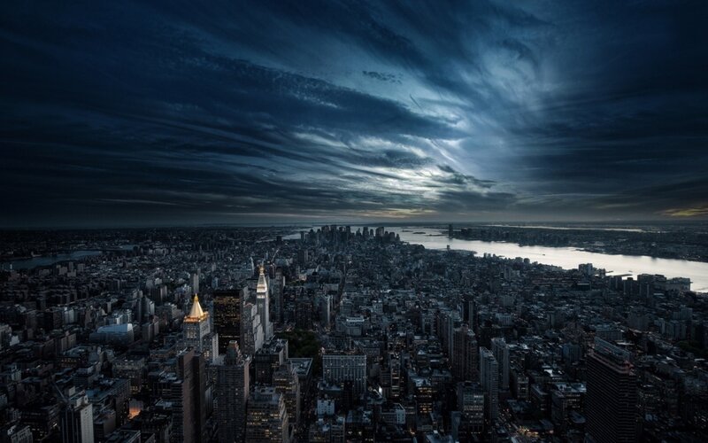 Aerial View of City — Blue, Dramatic, Night, Photograph