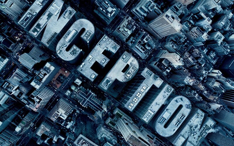 Aerial View of City — Blue, Dramatic, Photograph, Buildings, Text