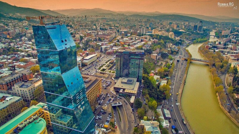 Aerial View of City — Blue, Dramatic, Sunset, Photograph, River