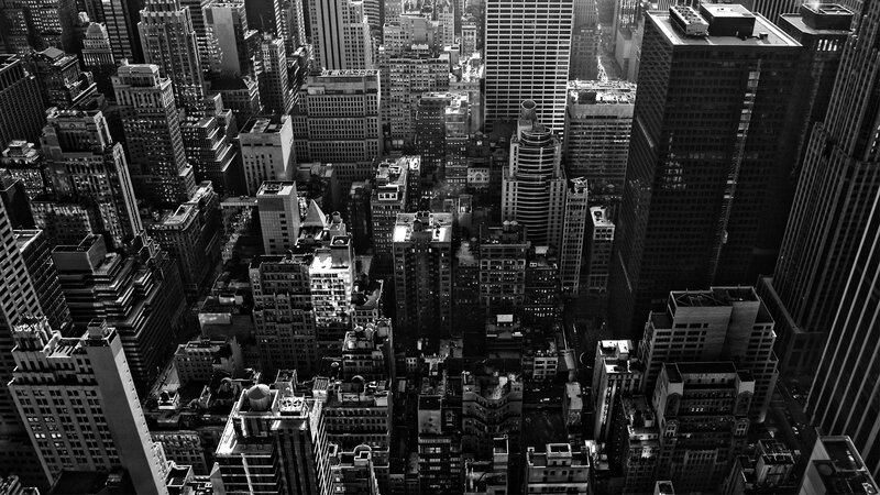 Aerial View of City Buildings — Black, Dramatic, Night