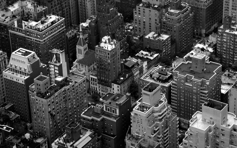 Aerial View of City Buildings — Black, Dramatic, Photograph, Rooftops