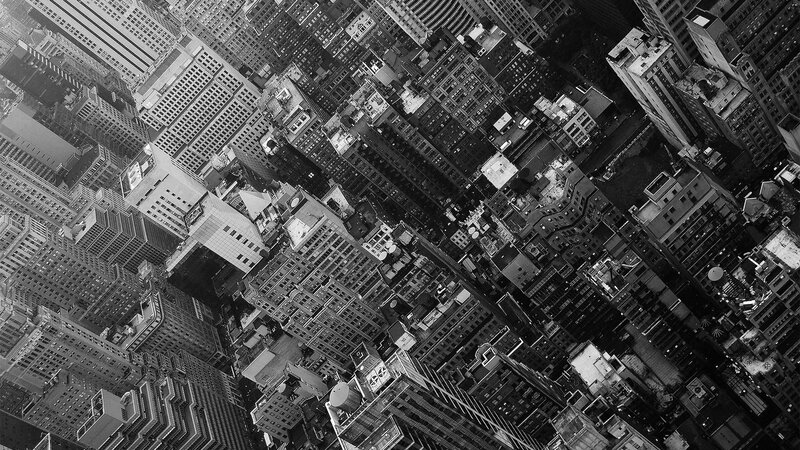 Aerial View of City Buildings — Black, Dramatic, Photograph