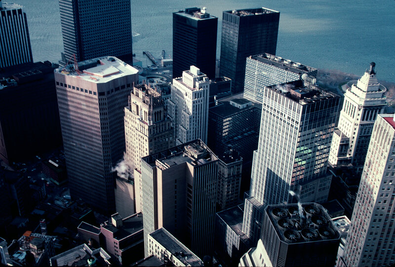Aerial View of City Buildings — Blue, Dramatic, Afternoon