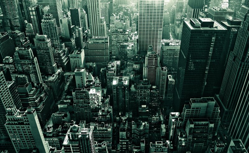 Aerial View of City Buildings — Green, Dramatic, Afternoon