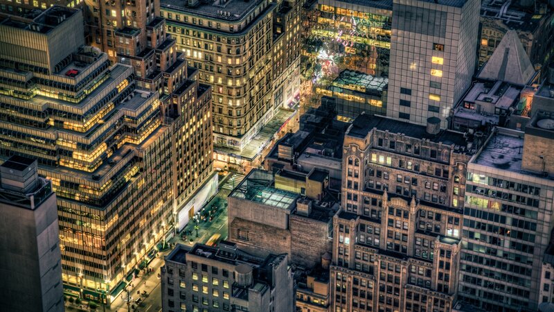 Aerial View of City Buildings — Yellow, Dramatic, Night
