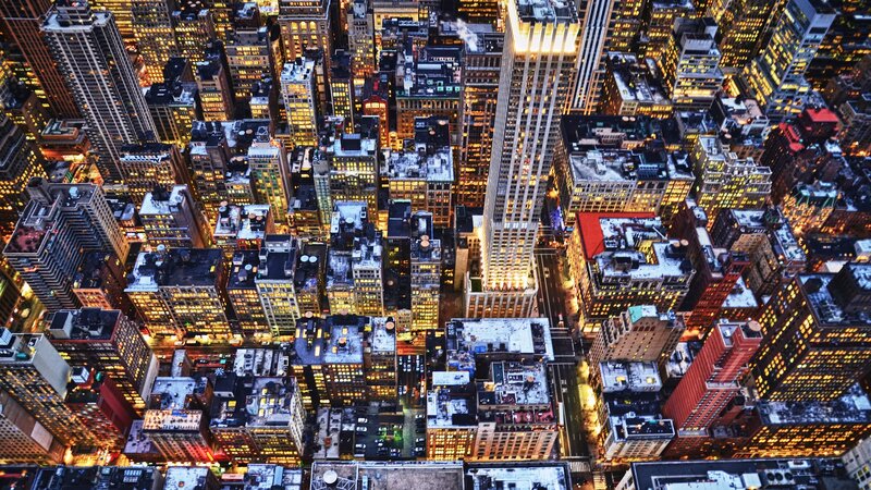 Aerial View of City Buildings — Yellow, Dramatic