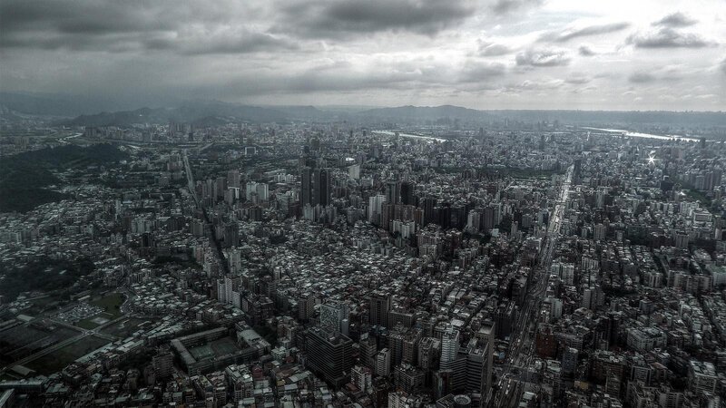 Aerial View of City — Gray, Dramatic, Photograph, Buildings, River