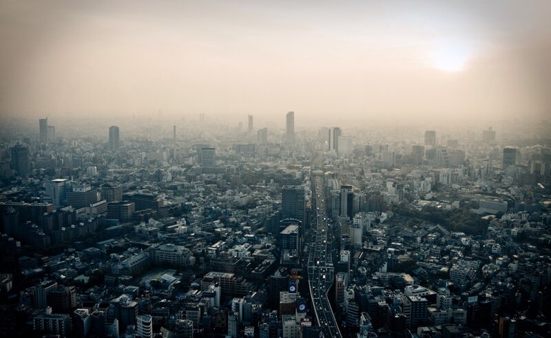 Aerial View of City — Gray, Dramatic, Sunset, Photograph, Skyscrapers