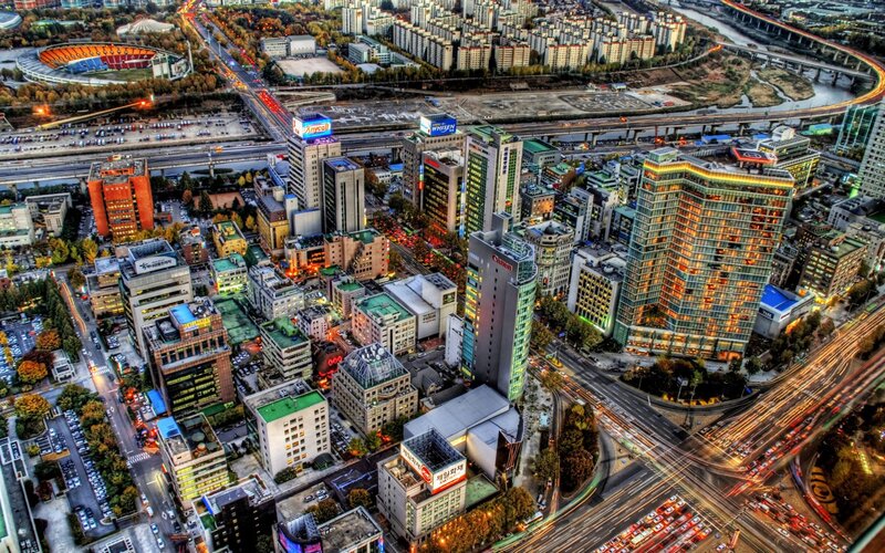 Aerial View of City — Green, Dramatic, Night, Photograph