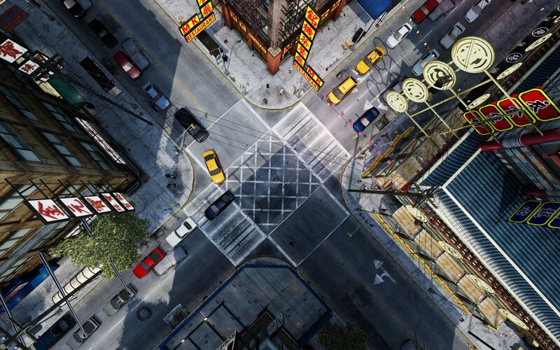 Aerial View of City Intersection — Gray, Busy