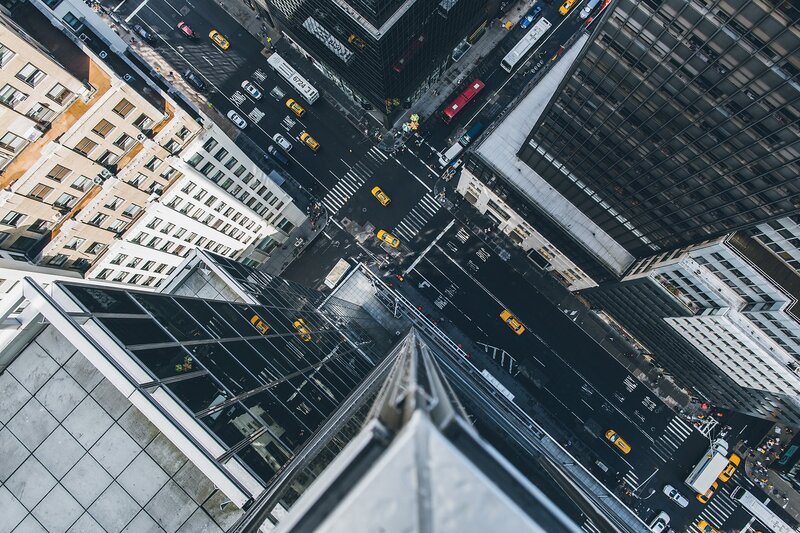 Aerial View of City Intersection — Gray, Dramatic, Afternoon