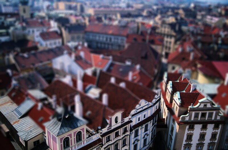 aerial view of city rooftops