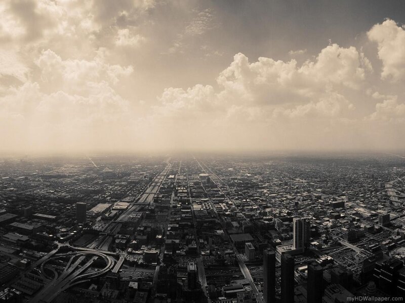 Aerial View of City — Sepia, Dramatic, Photograph, Clouds