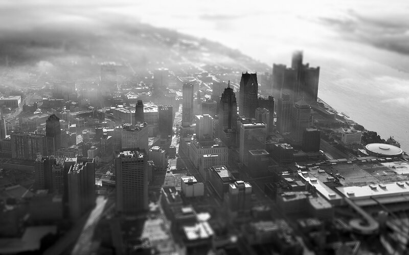 Aerial View of City Skyline — Black, Dramatic, Photograph