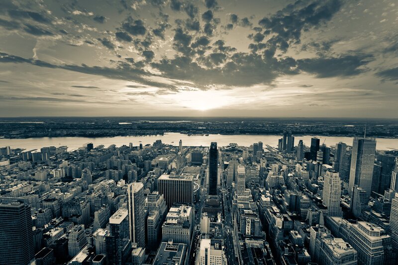 Aerial View of City Skyline — Gray, Dramatic, Sunset, Photograph