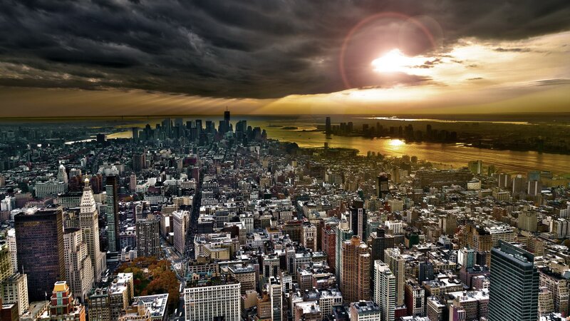 Aerial View of City Skyline — Gray, Dramatic, Sunset