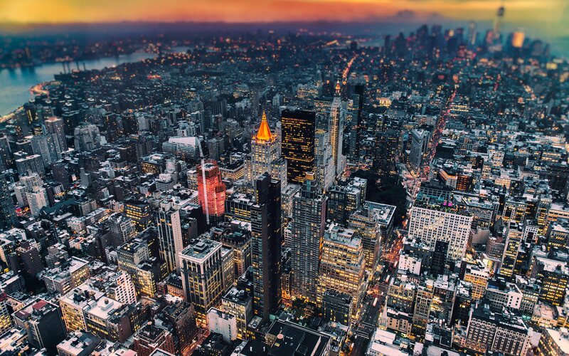 Aerial View of City Skyline — Orange, Dramatic, Sunset, Photograph