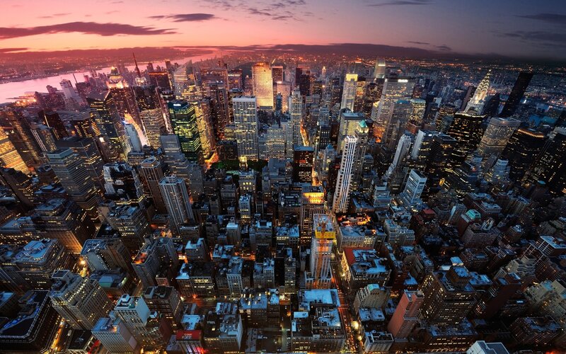 Aerial View of City Skyline — Purple, Dramatic, Sunset, Photograph