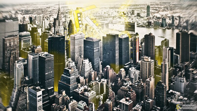 Aerial View of City Skyline — Yellow, Dramatic