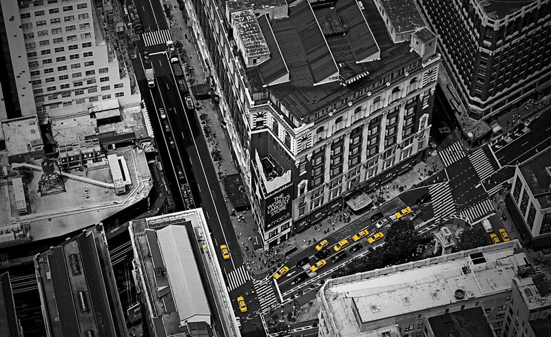 Aerial View of City Street — Black, Dramatic, Afternoon