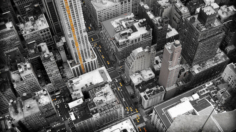 Aerial View of City Streets — Black, Dramatic, Afternoon, Photograph, Buildings