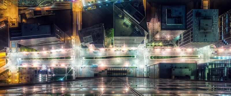 Aerial View of City Streets — Black, Dramatic, Night