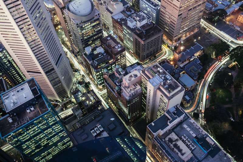 Aerial View of City Streets — Black, Dramatic