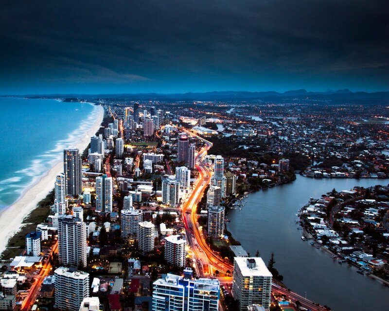 Aerial view of coastal city at night