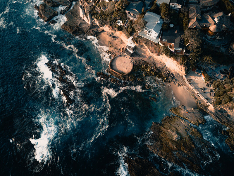 Aerial view of coastal homes