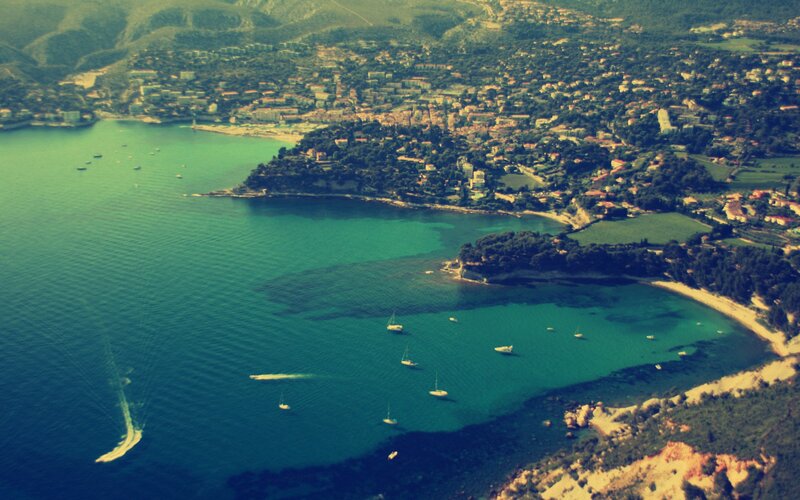 Aerial View of Coastal Town — Blue, Serene, Afternoon, Photograph, Boats, Hills