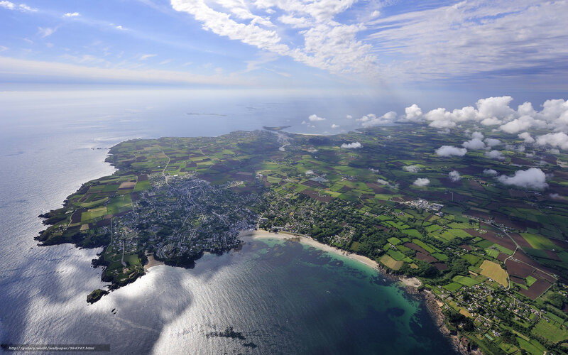Aerial View of Coastal Town — Green, Serene, Afternoon, Photograph