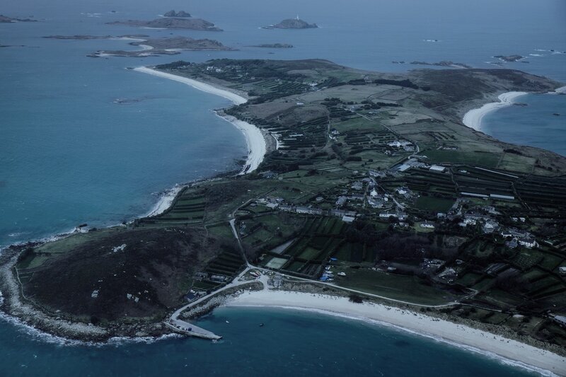 Aerial View of Coastal Village — Blue, Serene