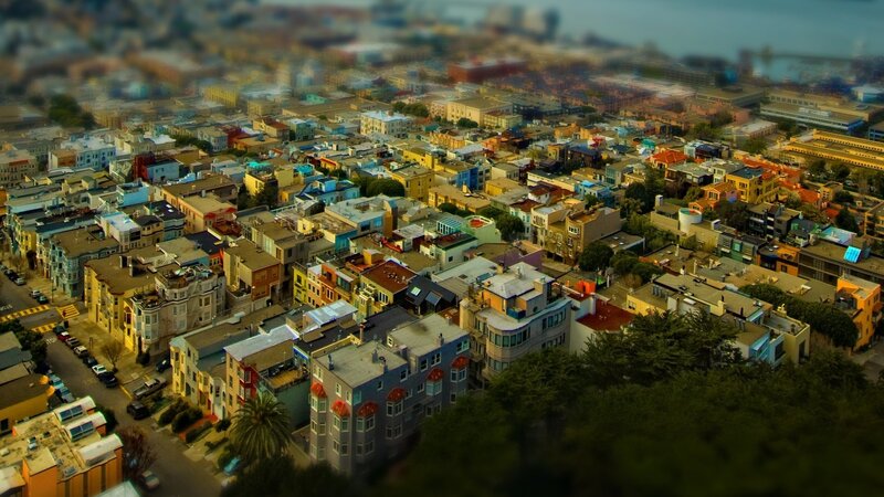 Aerial view of colorful city buildings