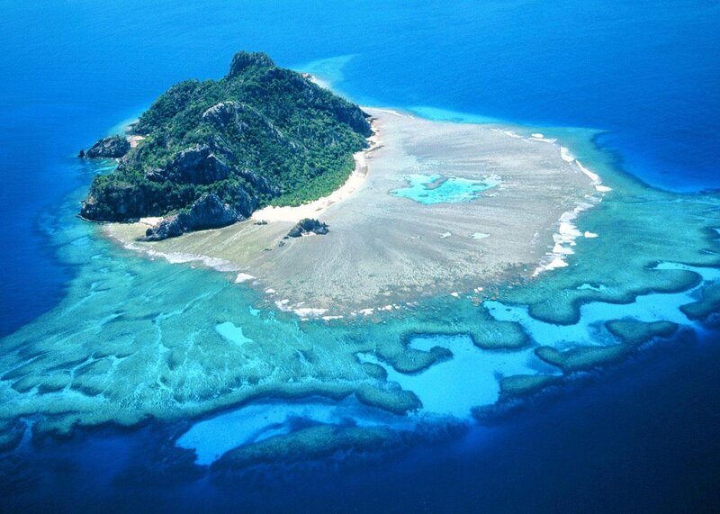 Aerial View of Coral Island — Blue, Serene, Afternoon, Photograph, Coral Reef, Ocean