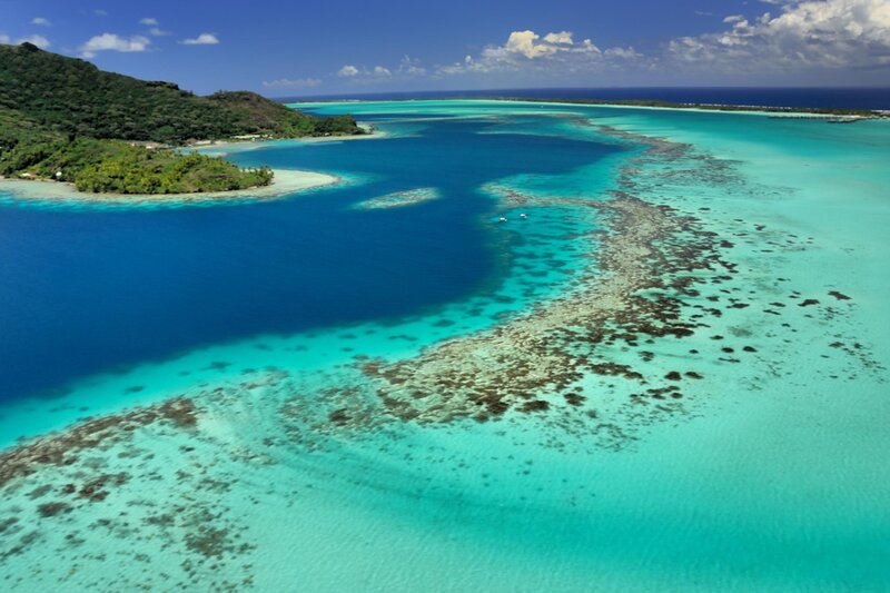 Aerial View of Coral Reef — Blue, Serene, Afternoon, Photograph, Island, Ocean, Boats