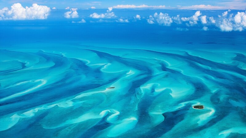 Aerial View of Coral Reef — Blue, Serene, Afternoon, Photograph, Ocean, Clouds, Sandbanks