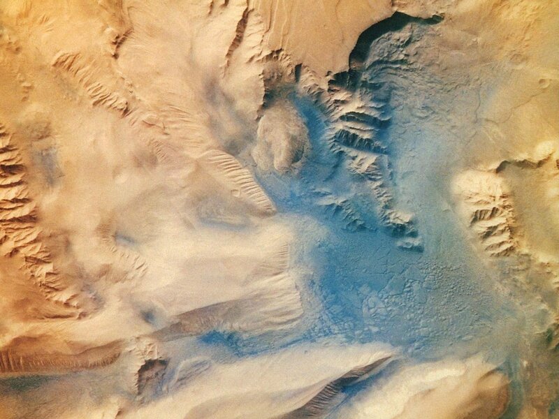 Aerial view of desert dunes