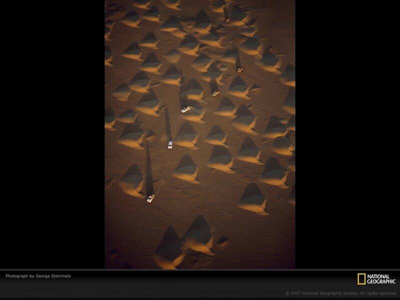 Aerial view of desert dunes