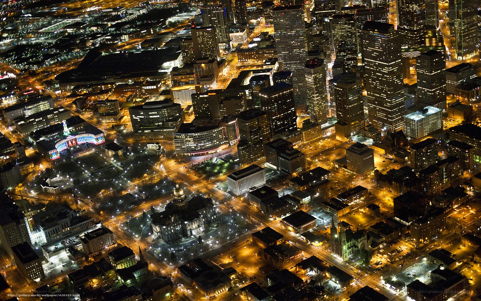 Aerial view of downtown at night