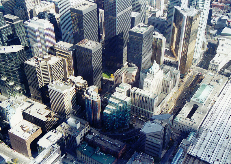 Aerial view of downtown skyscrapers