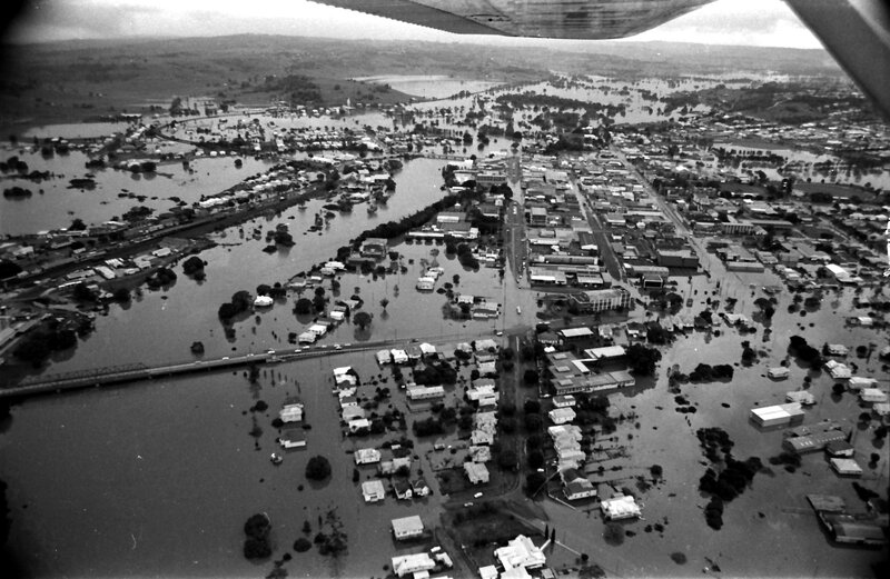 Aerial view of flooded town