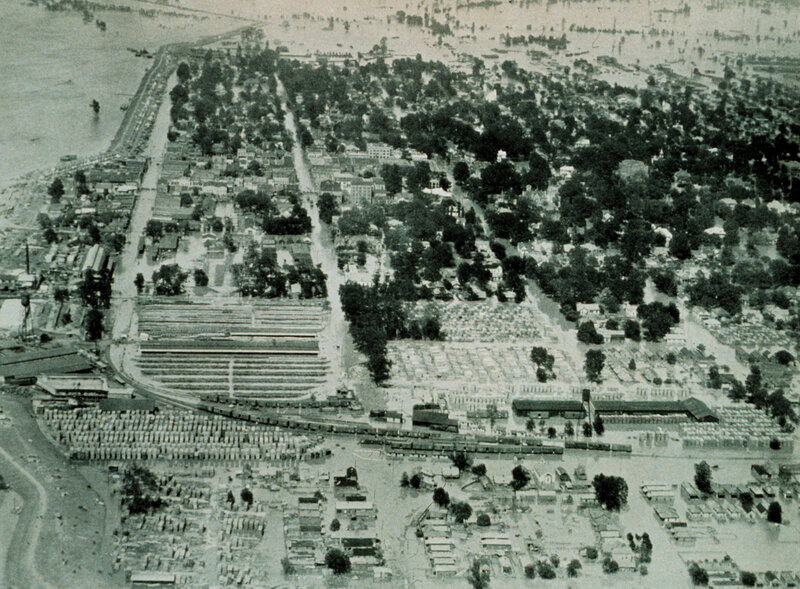 Aerial view of flooded town