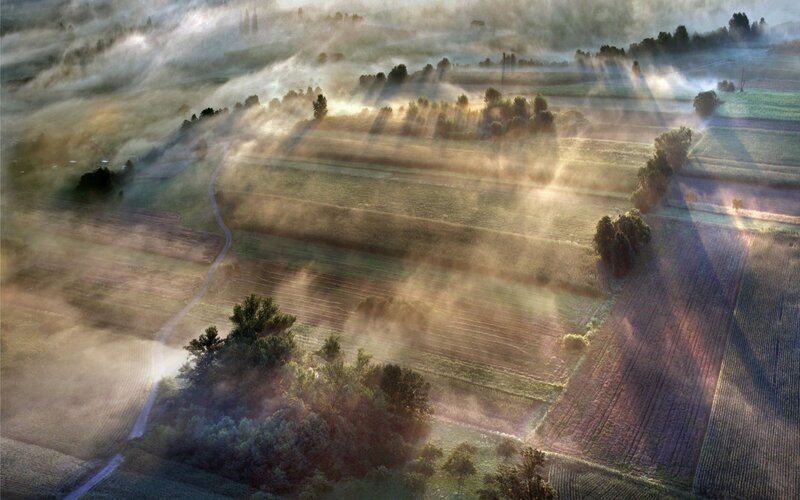 Aerial View of Foggy Fields