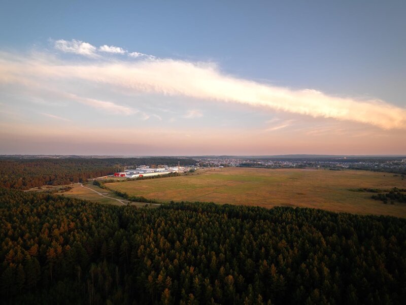 Aerial view of forest and town