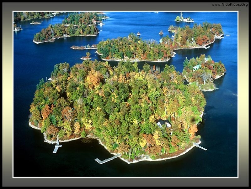 Aerial view of forested islands