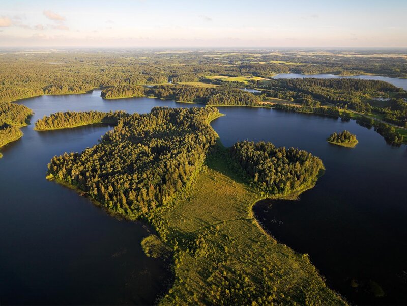 Aerial view of forested lakes